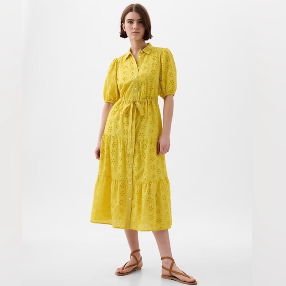 Beautiful yellow eyelet tiered ruffle dress puffed sleeves GAP size large
